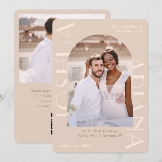 Elegante neutrale twee foto QR RSVP bruiloft Kaart (Voorkant / Achterkant)