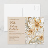 Elegante Neutrale Waterverf Bloemen 75ste Verjaard Uitnodiging Briefkaart (Voorkant / Achterkant)