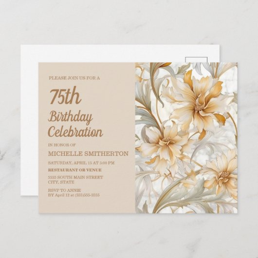 Elegante Neutrale Waterverf Bloemen 75ste Verjaard Uitnodiging Briefkaart (Voorkant / Achterkant)