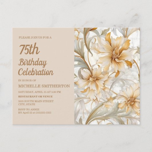 Elegante Neutrale Waterverf Bloemen 75ste Verjaard Uitnodiging Briefkaart (Voorkant)