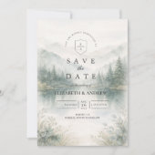Elegante nevelige bos berg bruiloft save the date (Voorkant)