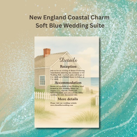 Elegante New England Coastal Soft Blue Wedding Informatiekaartje