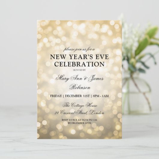 Elegante New Years Eve Party Gold Bokeh Lights Kaart (Staand voorkant)