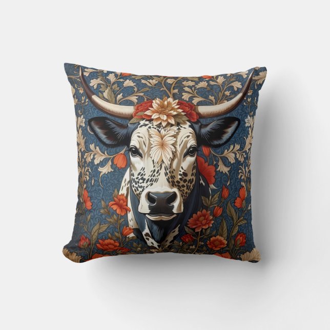 Elegante Nguni-Koe William Morris Geïnspireerd Kussen (Voorkant)