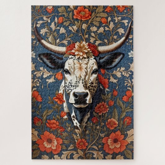 Elegante Nguni-Koe William Morris Geïnspireerd Legpuzzel (Verticaal)