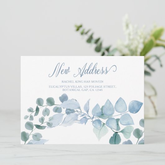 Elegante nieuwe adres eucalyptusbladeren verhuizen aankondiging (Staand voorkant)