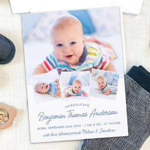 Elegante nieuwe baby gepersonaliseerd 4 foto colla aankondigingskaart