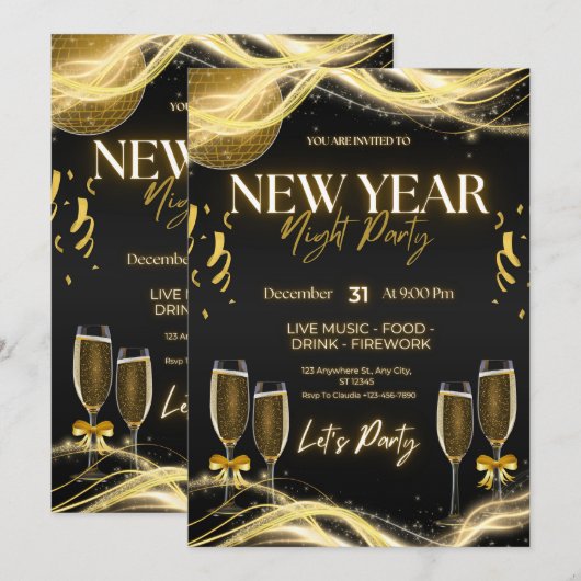 Elegante Nieuwjaarsfeest Uitnodigingen – Goud &  (Voorkant / Achterkant)