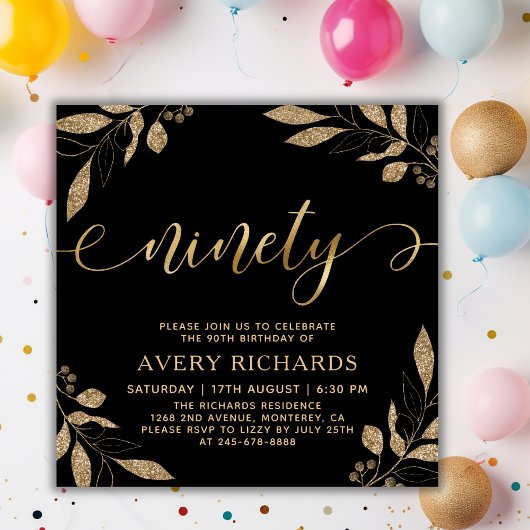 Elegante Ninety Goud Schrift Zwart 90ste Verjaarda Kaart