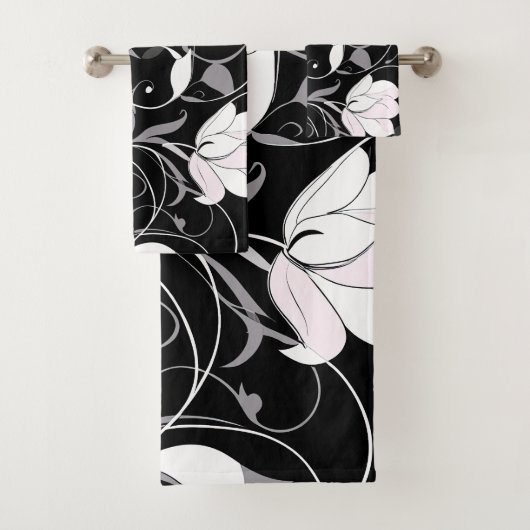 Elegante Noir Floral Swirl Bad Handdoek (Insitu)