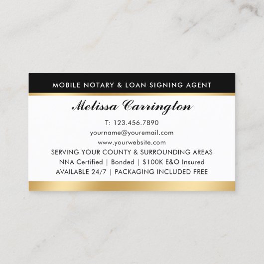Elegante notaris lening ondertekenaar goud zwart visitekaartje (Achterkant)