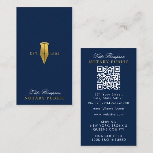 Elegante Notaris Ondertekenende Agent QR Code Blau Visitekaartje (Voorkant / Achterkant)