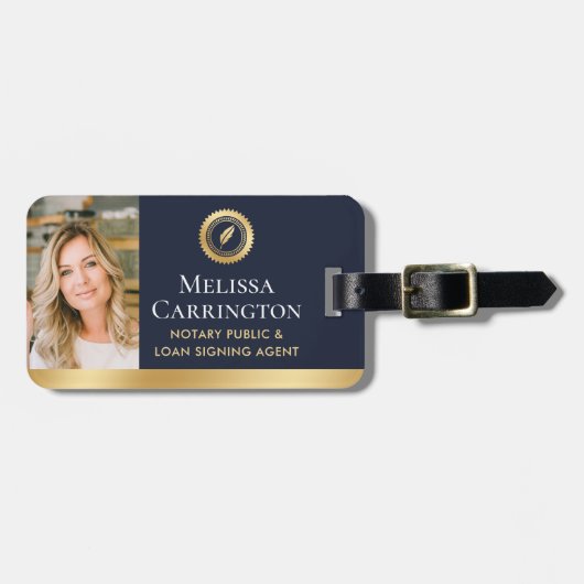 Elegante notaris openbare foto goud donkerblauw bagagelabel (Voorkant horizontaal)