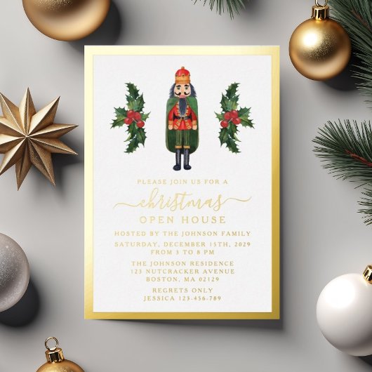 Elegante Notenkraker Kerst Open Huis Goud Folie Uitnodiging