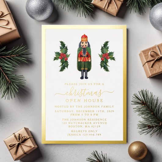 Elegante Notenkraker Kerst Open Huis Goud Folie Uitnodiging
