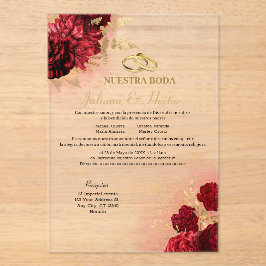 Elegante Nuestra Boda Rode Bloemige Trouwkaart Acryl Uitnodigingen