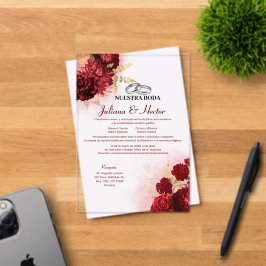 Elegante Nuestra Boda Rood Goud Bloem Bruiloft Acryl Uitnodigingen