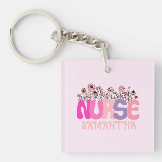 Elegante "Nurse" Typografie met Levendige Bloemen Sleutelhanger (Voorkant)