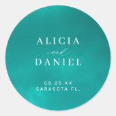 Elegante oceaan blauwe zomer bestemming bruiloft ronde sticker (Voorkant)