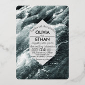 Elegante oceaan zwart en wit golven bruiloft folie uitnodiging (Voorkant)