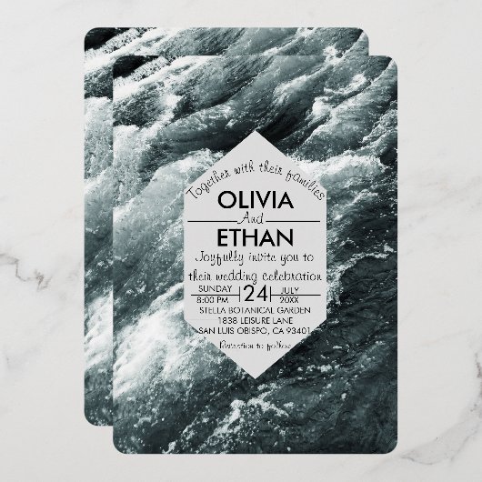 Elegante oceaan zwart en wit golven bruiloft folie uitnodiging (Voorkant / Achterkant)
