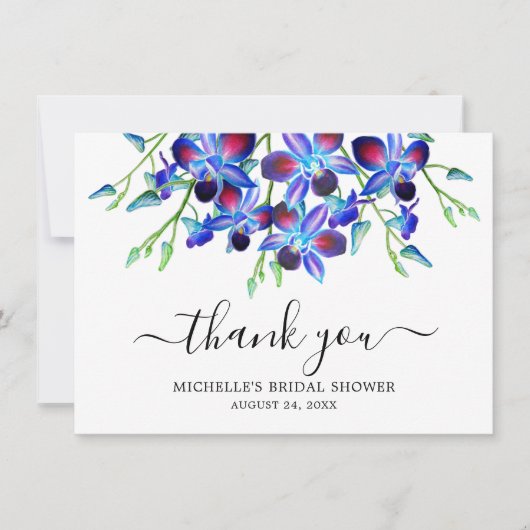 Elegante Oceaanblauwe Orchidee Aquarel Bruiloft Fe Bedankkaart (Voorkant)