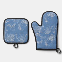 Elegante oceaanblauwe toile ovenwant & pannenlap set