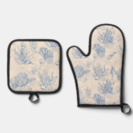 Elegante oceaanblauwe toile ovenwant & pannenlap set