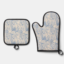 Elegante oceaanblauwe toile ovenwant & pannenlap set