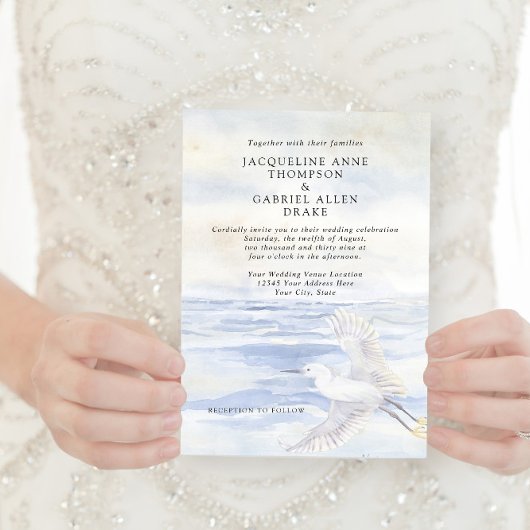 Elegante Ocean Beach Kustkraan Blauw en Wit Kaart