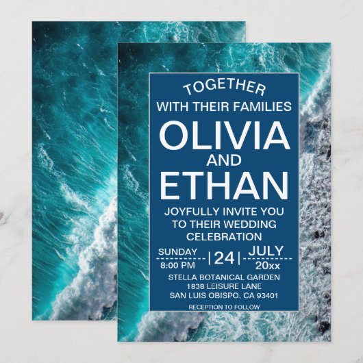 Elegante Ocean Navy Blue Waves Beach bruiloft Kaart (Voorkant / Achterkant)