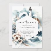 Elegante Oceanic Waves Lighthouse bruiloft Save The Date (Voorkant)