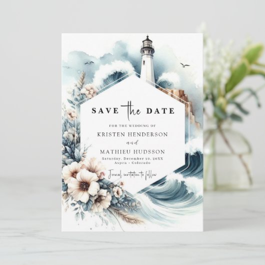 Elegante Oceanic Waves Lighthouse bruiloft Save The Date (Staand voorkant)