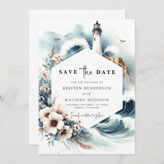 Elegante Oceanic Waves Lighthouse bruiloft Save The Date (Voorkant / Achterkant)