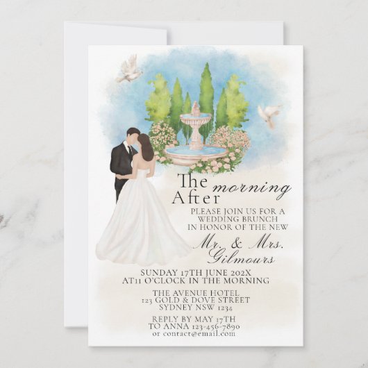 Elegante ochtend na fontein bruid & bruidegom duiv kaart (Voorkant)