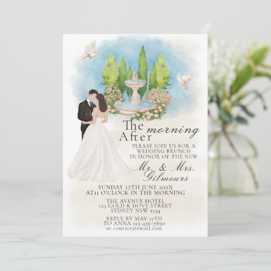 Elegante ochtend na fontein bruid & bruidegom duiv kaart (Staand voorkant)