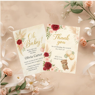 Elegante 'Oh Baby' babyshower uitnodiging met tedd