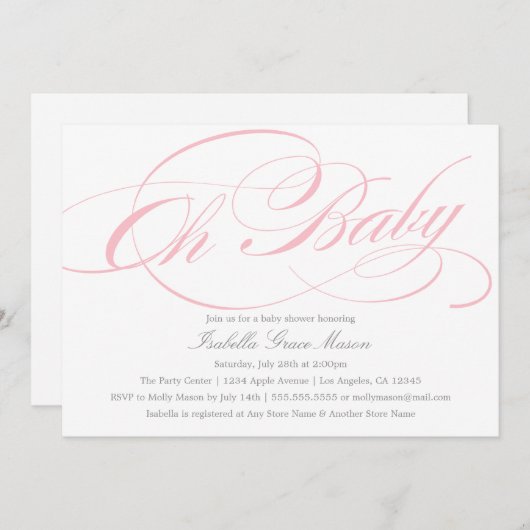Elegante Oh Baby in roze | uitnodiging tot baby sh (Voorkant / Achterkant)