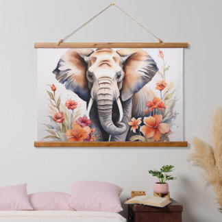 Elegante Olifant & Bloemen Waterverf Kunst Hangend Wandkleed