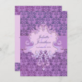 Elegante olifant damask paarse huwelijksuitnodigin kaart (Voorkant / Achterkant)