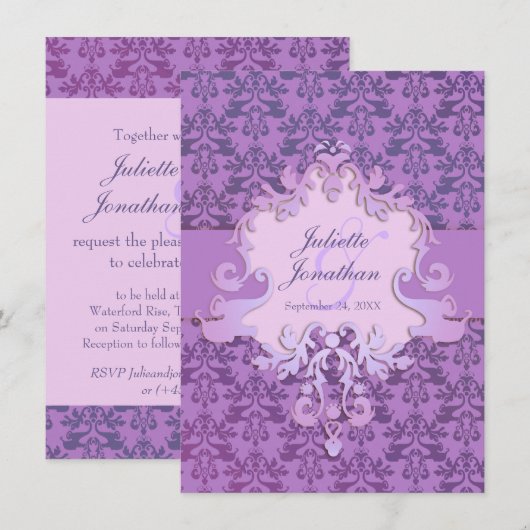 Elegante olifant damask paarse huwelijksuitnodigin kaart (Voorkant / Achterkant)