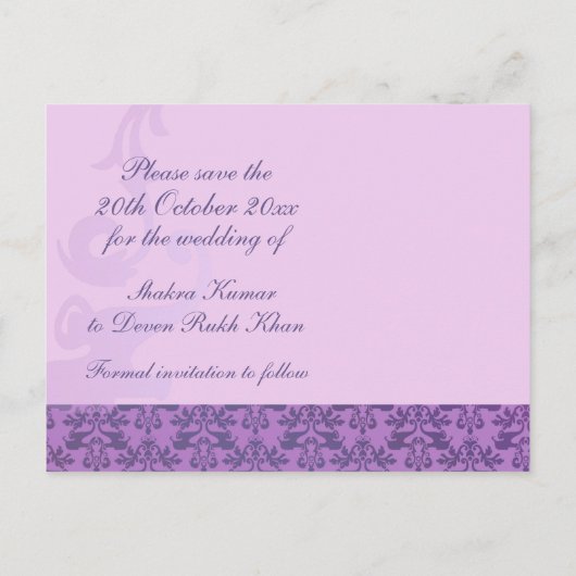 Elegante olifant damask save the date paarse kaart (Achterkant)
