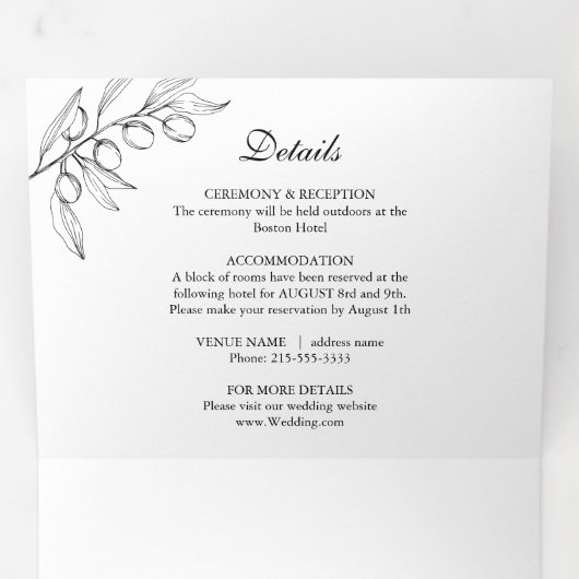 Elegante Olijf Botanische klassiek Bruiloft Drieluik Uitnodiging (Binnenzijde eerst)