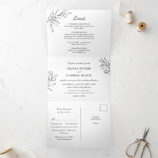 Elegante Olijf Botanische klassiek Bruiloft Drieluik Uitnodiging (Binnen)