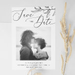 Elegante olijf. Delicate botanische Italiaanse bru Save The Date<br><div class="desc">Zwart-wit delicate botanische Italiaanse bruiloft Save the Date met een elegant script en een olijftak.</div>