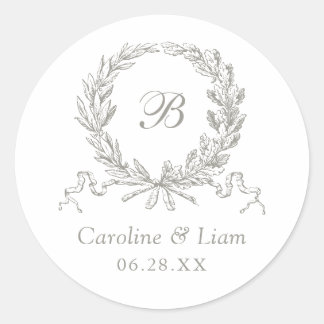 Elegante Olijf Eiken Krans Grijze Trouw Monogram Ronde Sticker