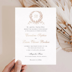 Elegante olijf-eiken krans monogram bruiloft vinta folie uitnodiging