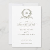 Elegante olijf eiken krans monogram save the date kaart (Voorkant)