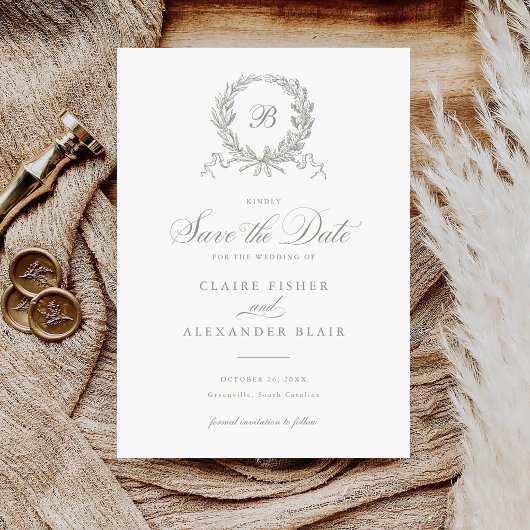 Elegante olijf eiken krans monogram save the date kaart