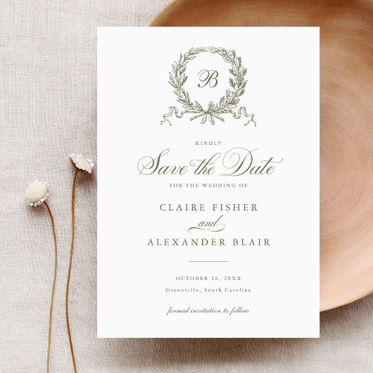 Elegante olijf eiken krans monogram save the date kaart